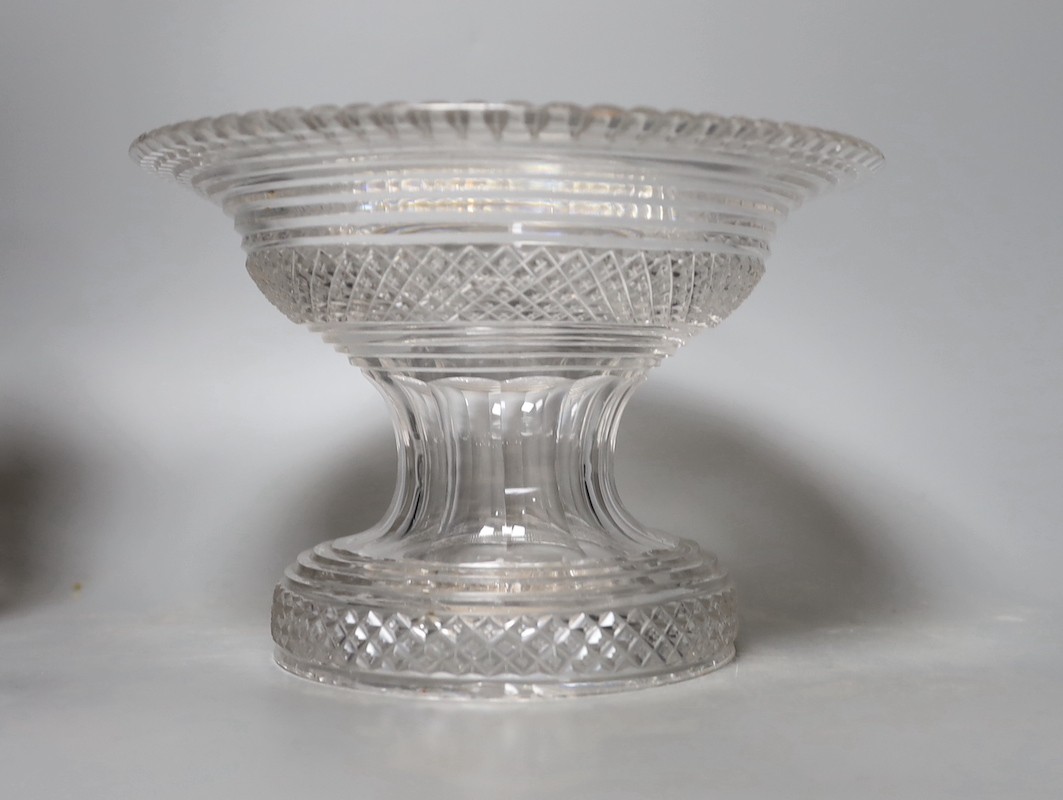 Two cut glass decanters, a regency pedestal bowl stand, 14cm high, and an etched glass sugar bowl